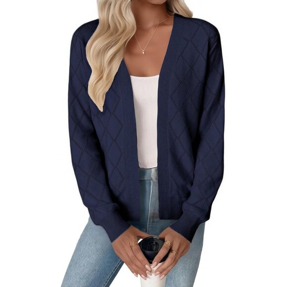 Women's Knit Cardigan Sweater Long Sleeve Open Front Diamond Pattern - Picture 1 of 5